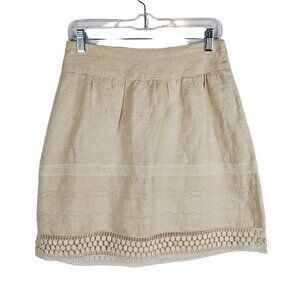 LOFT‎ 0 Beige Linen Skirt Side zip Boho Lace trim Cottagecore Lined